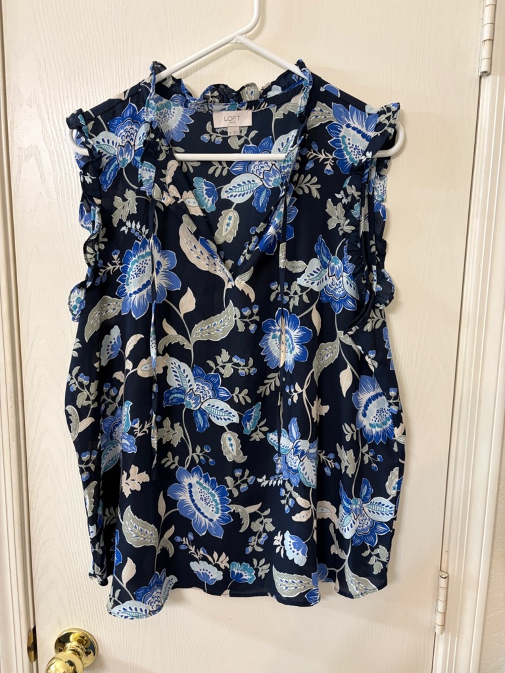 LOFT Navy Floral Ruffle-Trim Sleeveless Blouse